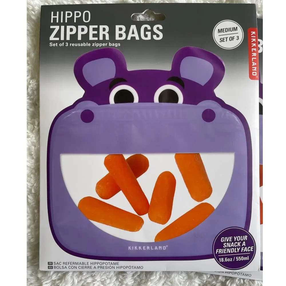 Hippo Zipper Snack Bags Reusable Medium Food Storage NEW Set of 2 Kikkerland